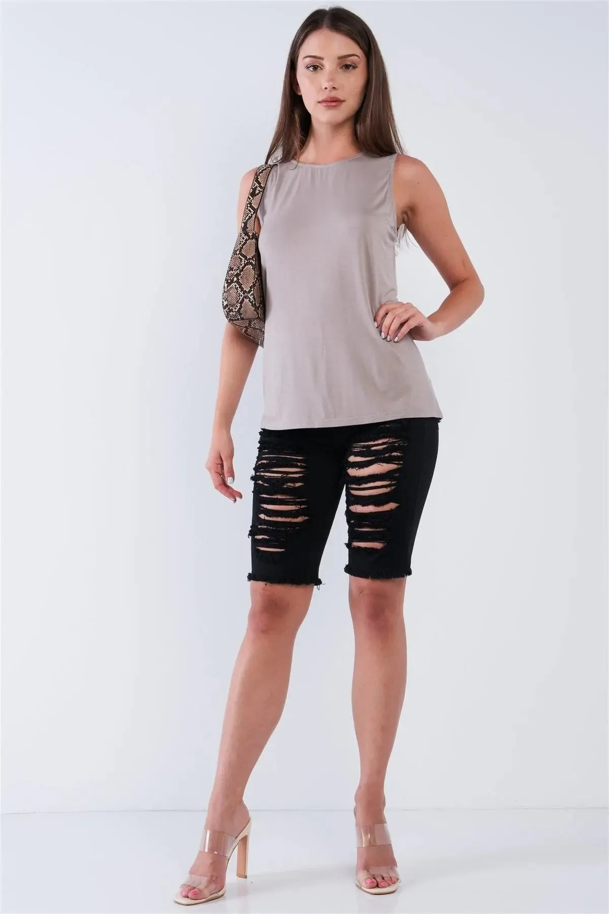 Taupe Grey Cut Out Back Relaxed Fit Crew-Neck Sleeveless Casual Tunic Top