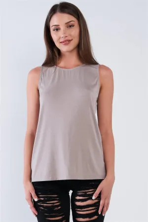 Taupe Grey Cut Out Back Relaxed Fit Crew-Neck Sleeveless Casual Tunic Top