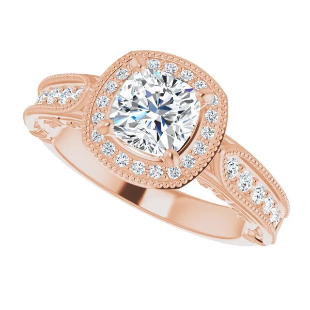 Vintage Style Cushion Cut Diamond Halo Engagement Ring