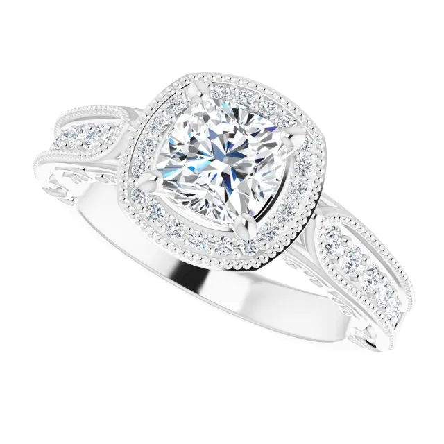 Vintage Style Cushion Cut Diamond Halo Engagement Ring