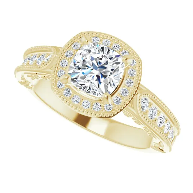 Vintage Style Cushion Cut Diamond Halo Engagement Ring