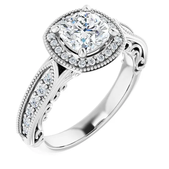 Vintage Style Cushion Cut Diamond Halo Engagement Ring