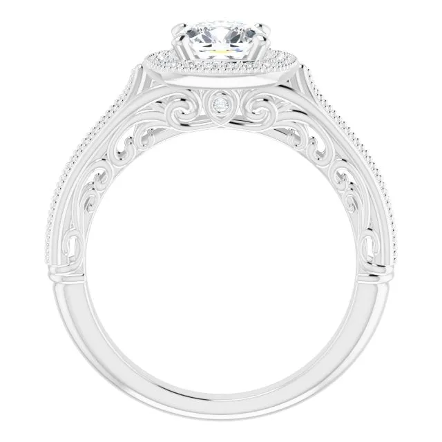 Vintage Style Cushion Cut Diamond Halo Engagement Ring