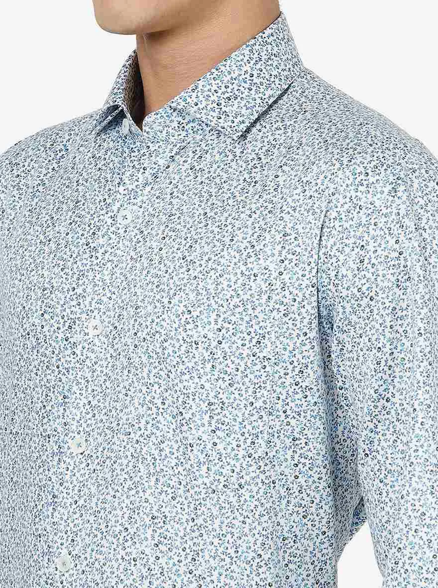 White & Blue Printed Regular fit Formal Shirt | JadeBlue