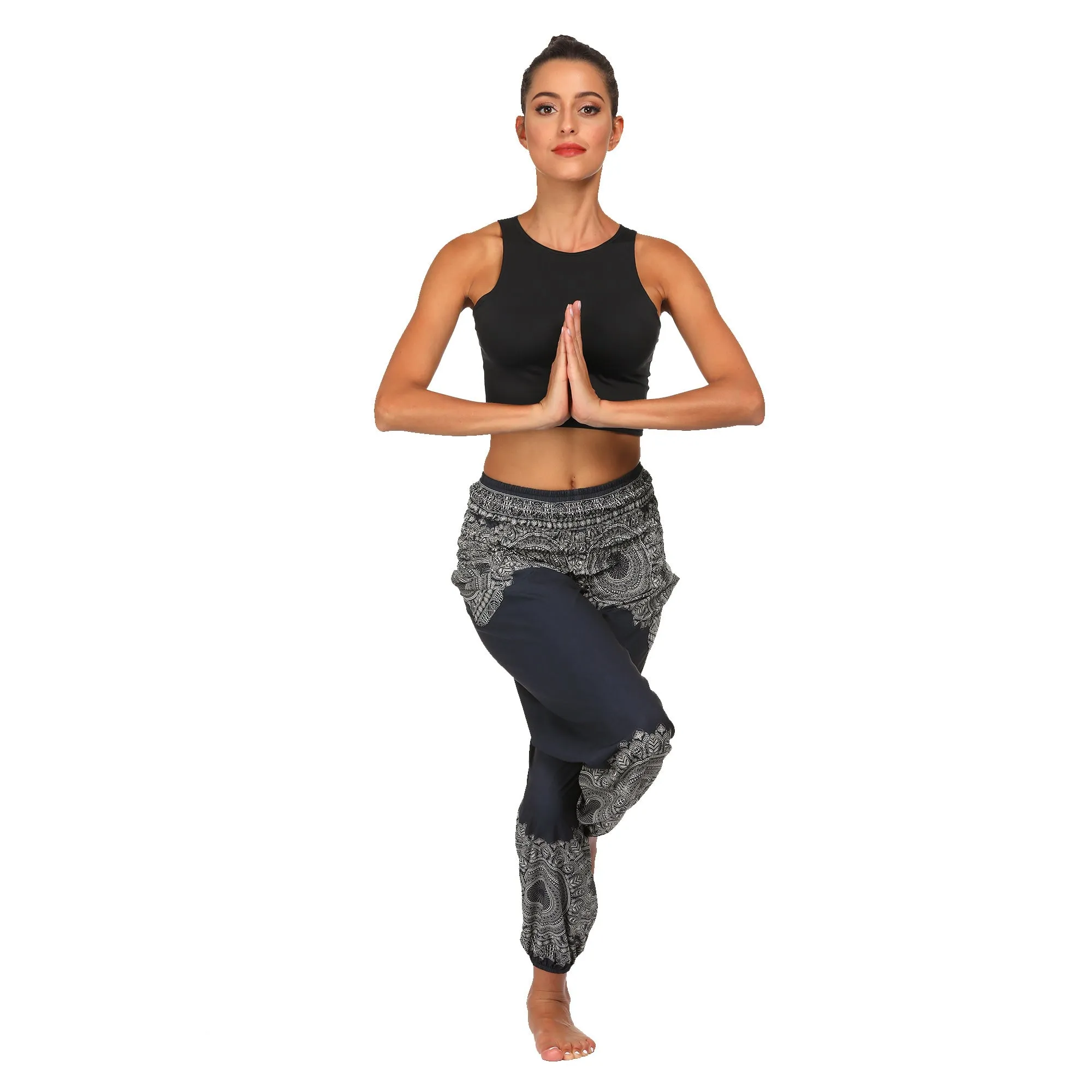 Women's straight Loose Harem Pant - Black flowers bloomers