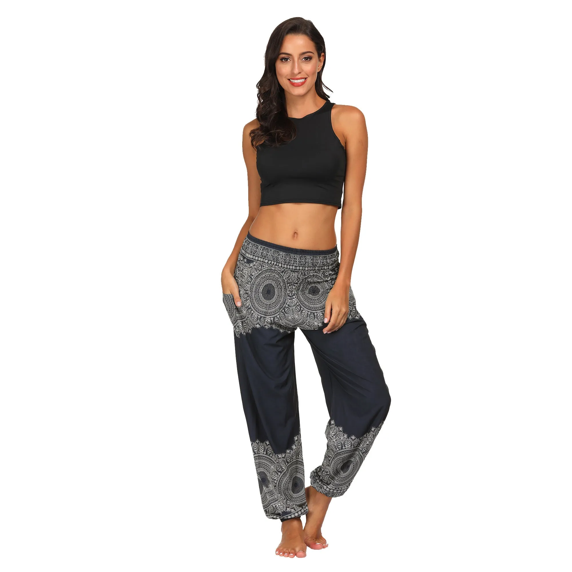 Women's straight Loose Harem Pant - Black flowers bloomers