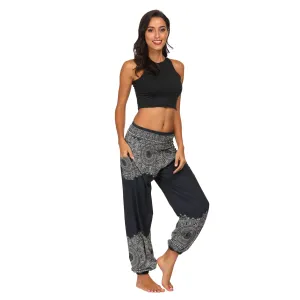 Women's straight Loose Harem Pant - Black flowers bloomers