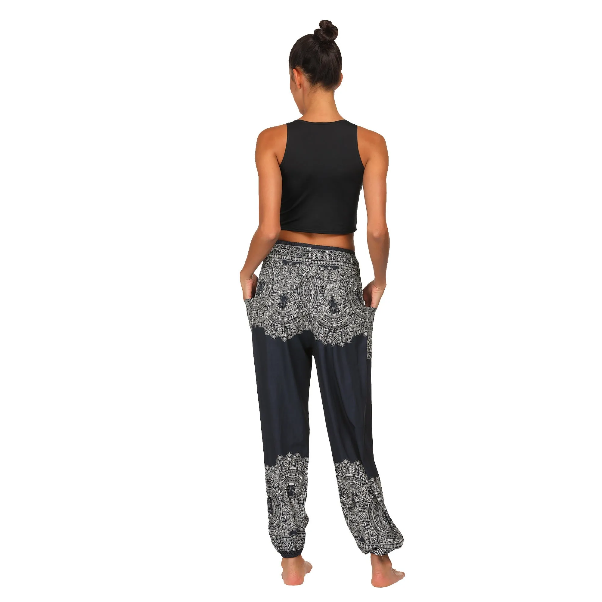 Women's straight Loose Harem Pant - Black flowers bloomers