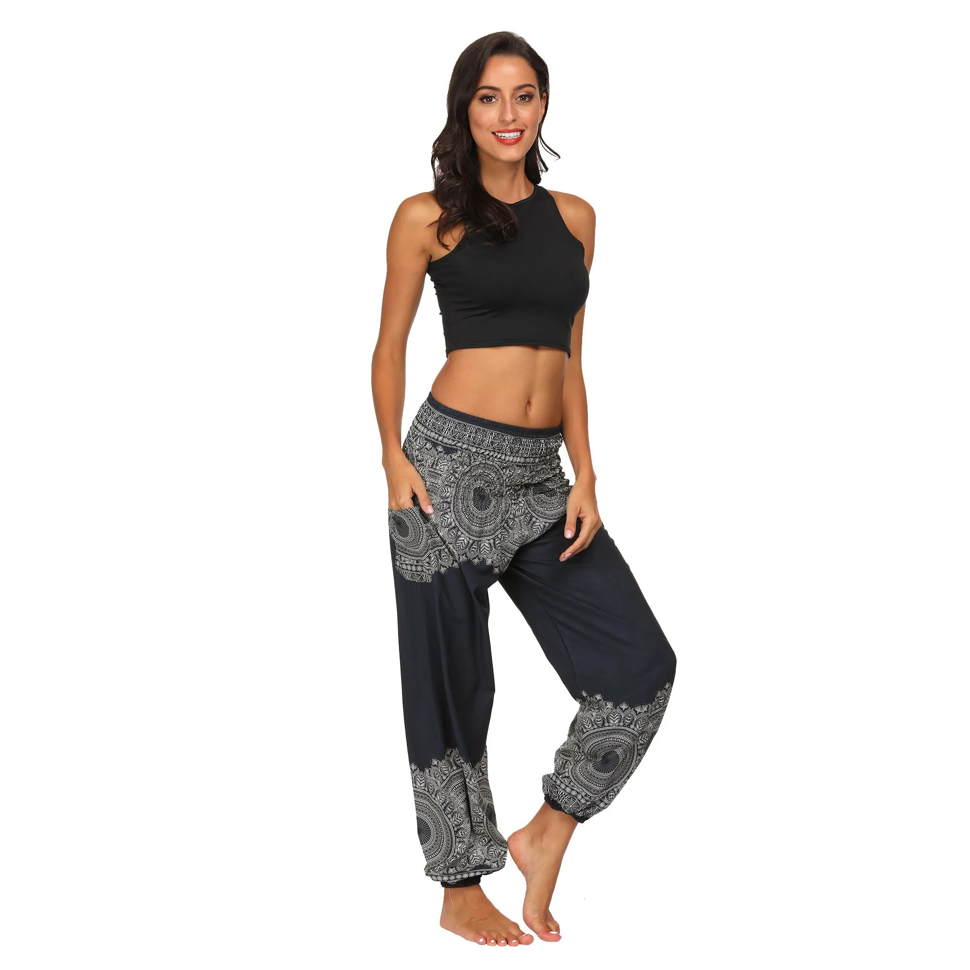 Women's straight Loose Harem Pant - Black flowers bloomers