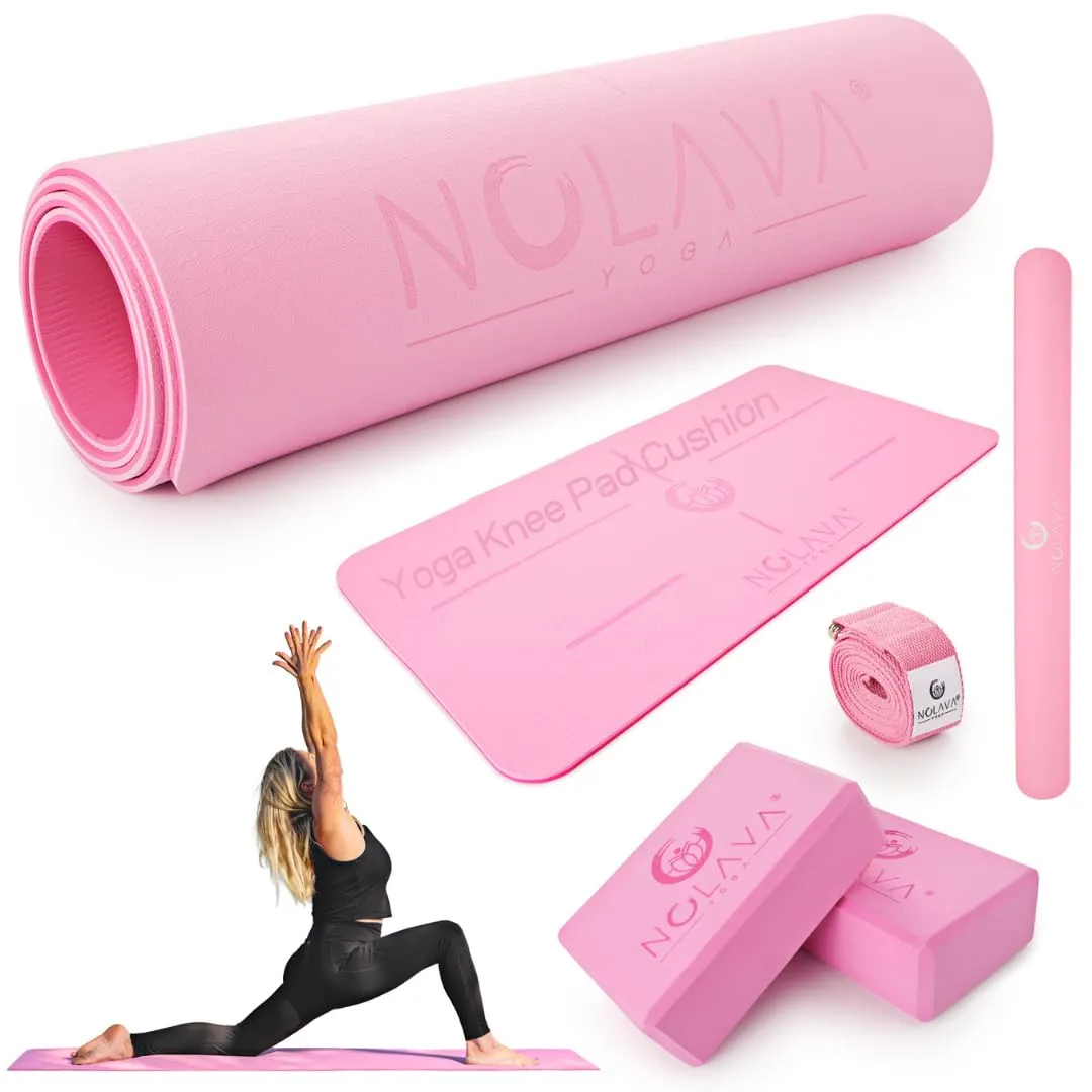 Yoga Mat Set - 6 Piece TPE Pink Yoga Mat - 72" x 24" Yoga Mat Yoga Knee Pad Cushion extra yoga accessorie,2 High Density EVA Yoga Blocks,1 Yoga Strap &1Yoga Mat Slap Band, yoga kit for home workout