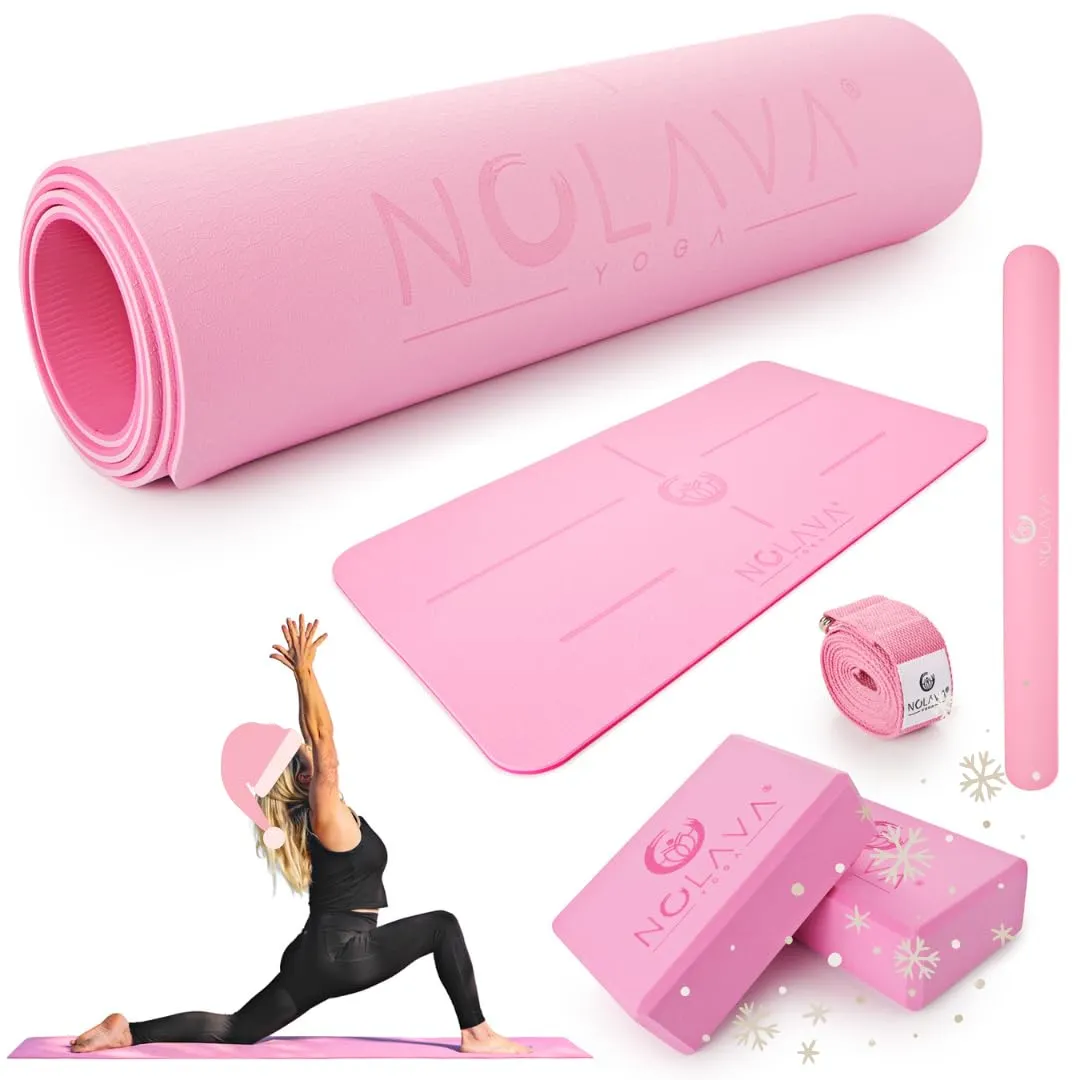 Yoga Mat Set - 6 Piece TPE Pink Yoga Mat - 72" x 24" Yoga Mat Yoga Knee Pad Cushion extra yoga accessorie,2 High Density EVA Yoga Blocks,1 Yoga Strap &1Yoga Mat Slap Band, yoga kit for home workout
