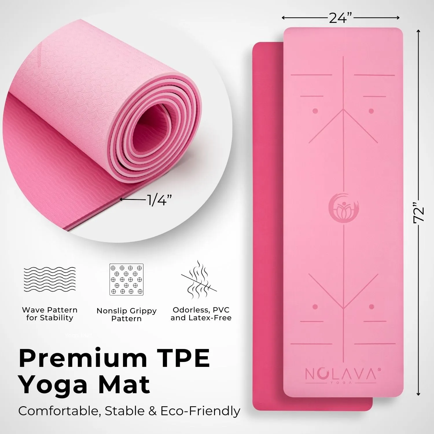 Yoga Mat Set - 6 Piece TPE Pink Yoga Mat - 72" x 24" Yoga Mat Yoga Knee Pad Cushion extra yoga accessorie,2 High Density EVA Yoga Blocks,1 Yoga Strap &1Yoga Mat Slap Band, yoga kit for home workout