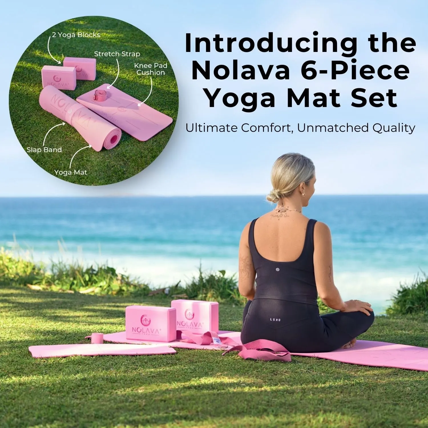 Yoga Mat Set - 6 Piece TPE Pink Yoga Mat - 72" x 24" Yoga Mat Yoga Knee Pad Cushion extra yoga accessorie,2 High Density EVA Yoga Blocks,1 Yoga Strap &1Yoga Mat Slap Band, yoga kit for home workout